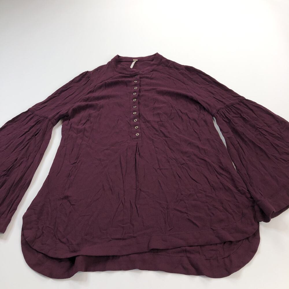 Free People SM Henley Bell Sleeve 100% Rayon Pullover Button Top Blouse Burgundy
